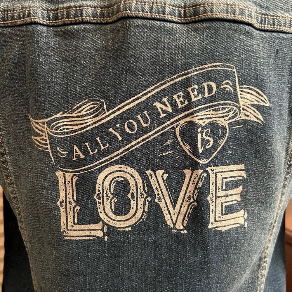 Lana Collection by Yossi denim jean jacket all you need is love small EUC - Picture 7 of 9